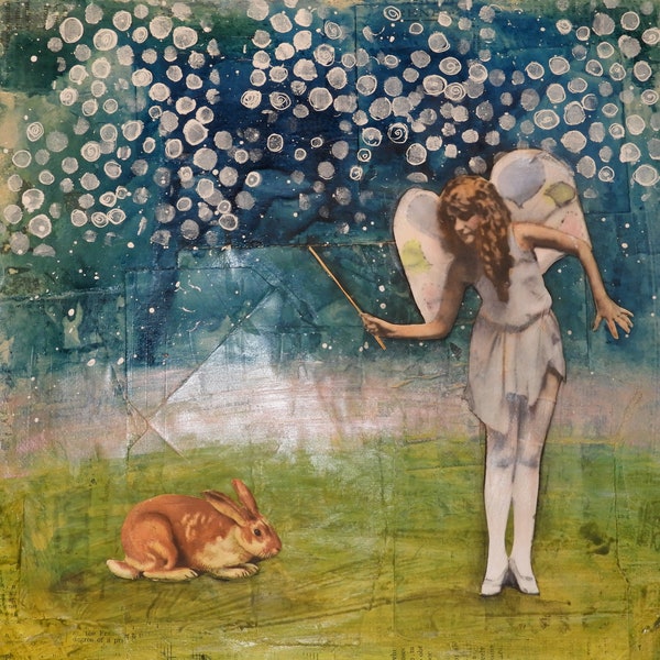 Mixed Media Art on Canvas Fantasy "The Wish" Outsider Art Surreal Zetti Fairy Rabbit 12X12 Ready to Hang OOAK