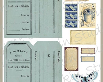 French Blue Tag Set #2 INSTANT DOWNLOAD digital paper Vintage labels Junk Journal, Collage