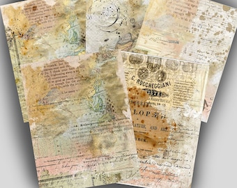 Digital Print Papers - 5  Grungy Travel themed papers for Collage, Mixed Media Art, Journaling, Scrapbooking, Cardmaking and Paper Crafts