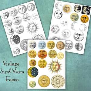 Pode incluir: Um conjunto de rostos vintage de sol e lua com várias expressões. Os rostos são desenhados em preto e branco e ilustrações coloridas. As imagens são perfeitas para artesanato e scrapbooking.
