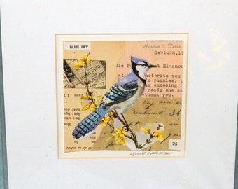 Blue Jay-Mixed Media Collage on Paper in Mat ready to frame 4x4