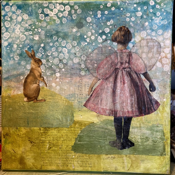 Mixed Media Art on Canvas Fantasy "The Recital" Outsider Art Surreal Zetti Ballerina Rabbit 12X12 Ready to Hang OOAK