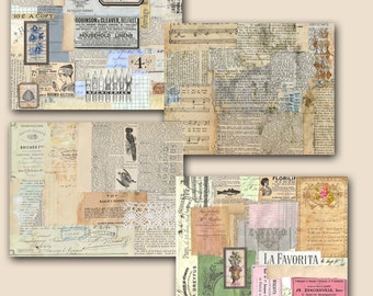 May include: A collage of vintage paper ephemera with text, illustrations, and music notes. The paper is in shades of brown, blue, and pink. The text includes "BRICARD F", "ROBINSON & CLEAVER, BELFAST", "HOUSEHOLD LINENS", "FLORILI", and "LA FAVORITA".