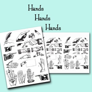 Könnte beinhalten: Ein Blatt mit Schwarzweiß-Illustrationen von verschiedenen Händen in verschiedenen Posen. Die Hände sind in einem Vintage-Stil dargestellt und zeigen Gesten wie Zeigen, Halten eines Stifts und Händeschütteln. Das Wort "Hände" steht dreimal oben auf dem Blatt.