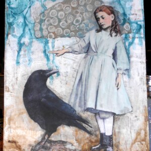 Mixed Media Collage &#39;Alice With Crow #1 Blue&#39;  Fantasy Girl Crow Bird  Outsider Art Surreal 8&quot;X10&quot; Original