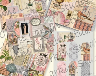 Paris in Pink and Grey- Digital Download Journal Pages Backgrounds Tear Sheets  with Tags Mixed Media 8.5" x 11" Printables