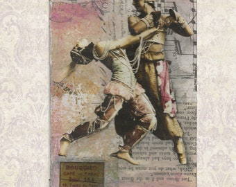 Mixed Media Collage Vintage Romantic Dancers Exotic SureealFrench Japanese 4"X6" Original