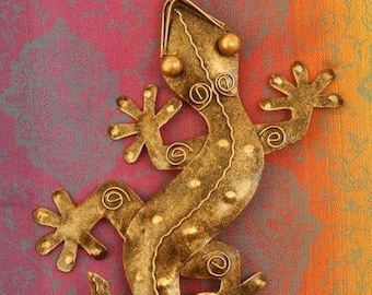 Gecko Eidechse Salamander Echse Wanddeko Metall Gartendeko Antikgold 30 cm Blechfigur