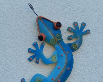 Gecko Eidechse Salamander Echse Wanddeko Metall Blau 40 cm Gartendeko Blechfigur