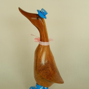 Duck made of bamboo root and wood with blue boots and hat 29 cm runner duck for house terrace garden country house vintage