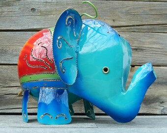 Elefant XL aus Metall 27 cm Metalldeko Dekofigur Eisenfigur Hängeelefant Deko Haus Garten Glück Türkis Windlicht Blechfigur