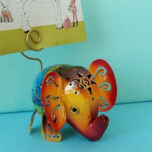 Elefant Kartenhalter aus Metall Dekoelefant Dekofigur 12 cm Gartendeko Bildhalter Postkartenhalter Bunt Draußen