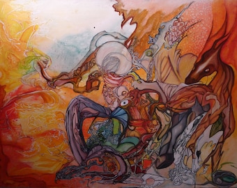 May include: Abstract watercolor painting with a mix of orange, yellow, brown, and blue colors. The painting features a variety of organic shapes and lines, creating a sense of movement and energy.