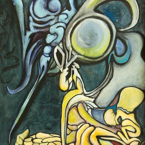 May include: Abstract painting with a blue, yellow, and white color scheme. The painting features a variety of organic shapes and forms, creating a sense of movement and energy.