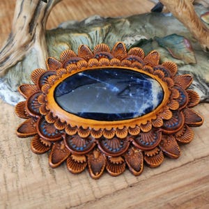 Handmade Tooled Leather Concho with gemstones