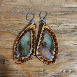 Handmade Tooled Leather Earrings with Gemstones Inlay