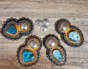 Buffalo Nickel with Turquoise Inlay Leather Conchos