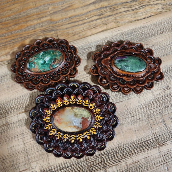Tooled leather conchos with gemstone Inlay for bags, accessory imbelishments