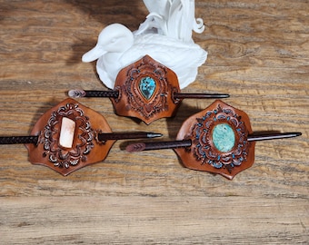 Tooled leather hair Barrett slides with gemstones,  hair accessories