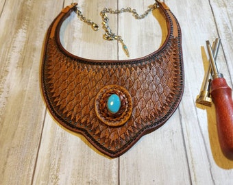 Hand made Hand Tooled Leather Bib Necklace with Gemstone, Leather Necklace with Sleeping Beauty Turquoise Stone