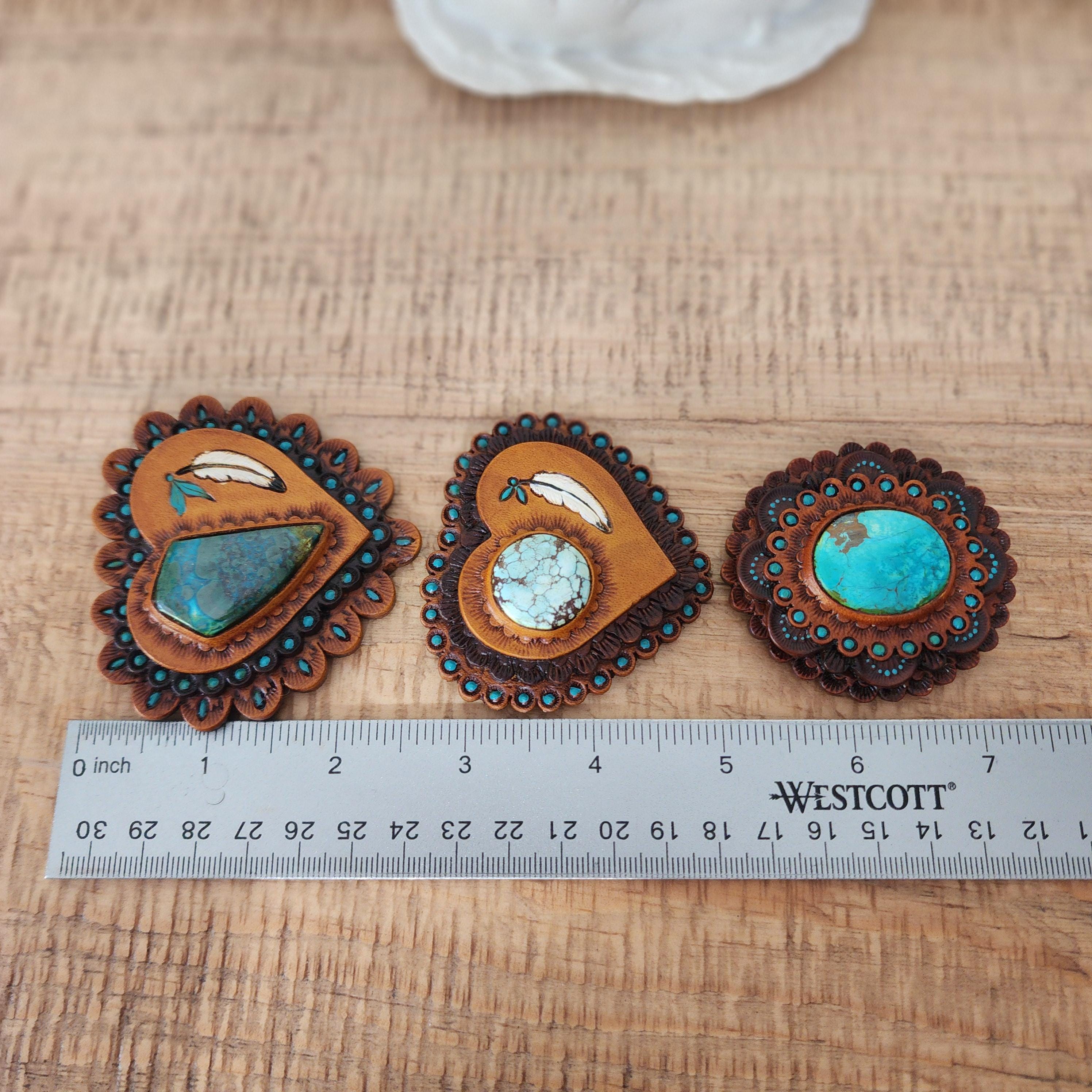 Handmade Tooled Leather Western Conchos With Gemstone - Etsy
