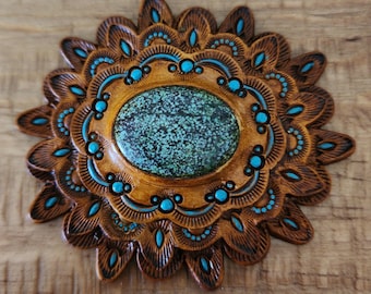 Handmade Tooled Leather Western Conchos with Turquoise Inlay stones