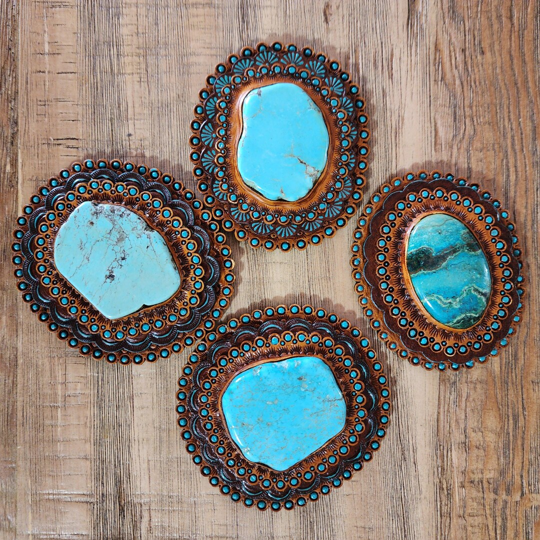 Leather Pattern Inlay Turquoise Inlay in Tooled Leather Conchos - Etsy