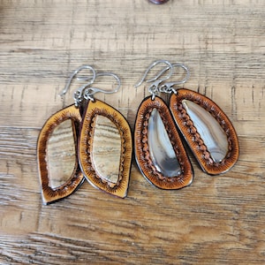 Tooled Leather Earrings with Gemstones Inlay