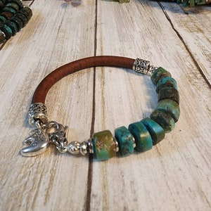 Turquoise Leather Bracelet, Hubei Turquoise Bracelet,  Men&#39;s Turquoise Bracelet,  Unisex Turquoise Bracelet, Turquoise Wheel Beaded Bracelet
