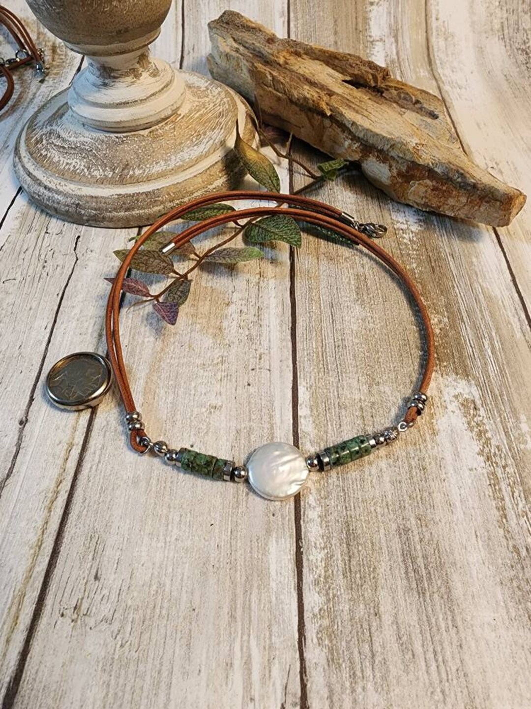 Baroque Pearl and Turquoise Leather Choker, Leather and Stone Choker ...