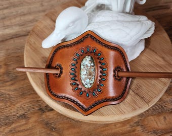 Tooled Leather Hair Holders with Turquoise Inlay