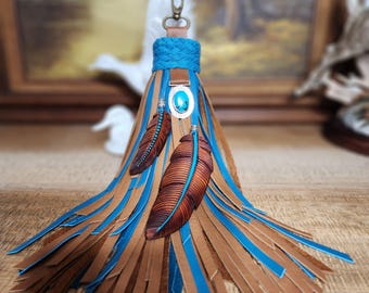 Leather Tassel with Tooled Feathers and Turquoise Gemstone,  Bags Tassel