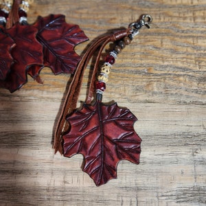 Maple Leaf Tassel/ Tooled Leather Leaf Tassel with Gemstones, Country Leather Tassels