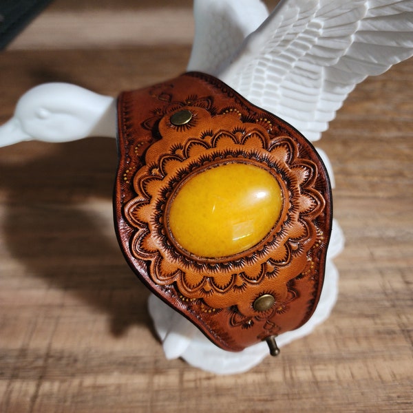 Honey Calcite Inlay, Tooled Leather Concho Cuff with Calcite Inlay