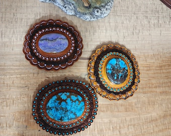 Large Tooled Leather Western Conchos with Stone