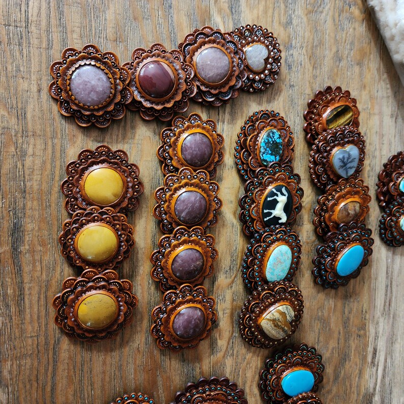 Handmade Tooled Leather Western Conchos With Quartz Stone Inlay - Etsy