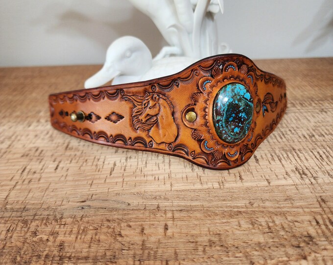 Tooled Leather Cuff With Chrysocolla Inlay - Etsy
