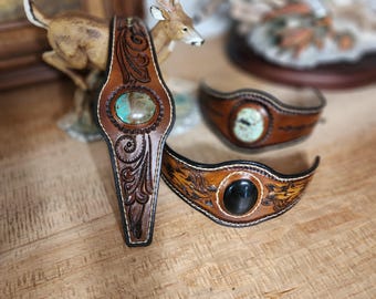 Handmade Tooled Leather Western Cuff with Turquoise gemstone Inlay