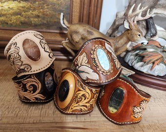 Handmade Tooled Leather Cuff with Gemstones