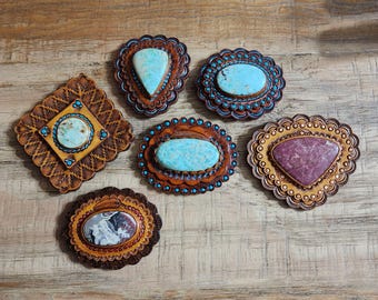 Handmade Tooled Leather Western Concho with AAA Stones