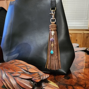 Leather Tassel with Gemstones for Bags, Purse Imbelishment