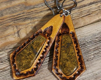 Tooled Leather earrings with Jasper Gemstones, Tooled western earrings