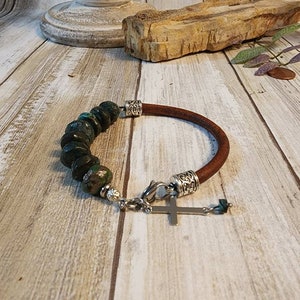 Turquoise Bracelet, Leather and Turquoise Bracelet,  Hubei Turquoise Bracelet,  Rustic Leather Bracelet, Mens Leather Beaded Bracelet