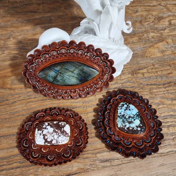 KCsDesignsShop Conchos, Handmade Leather Conchos with Gemstone Inlay, Conchos for imbelishment of Bags, saddelry, Chaps, Western Leather Wear and More