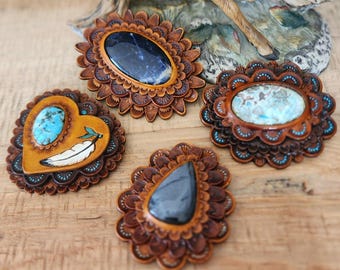 Handmade Tooled Leather Concho with gemstones