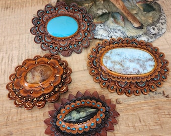 Handmade Tooled Leather Concho with Gems