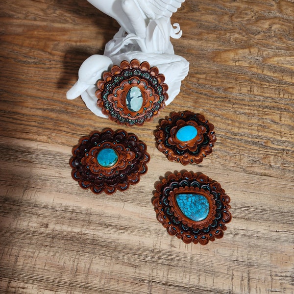 Tooled Leather Concho with turquoise gemstone,  leather concho, turquoise concho