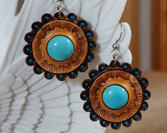 Tooled Leather Turquoise Earrings: Western Concho Style