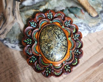 Handmade Tooled Leather Concho with Large Turquoise Stones