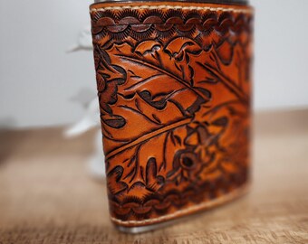 Tooled Leather Flask: Western Rustic Tan Stainless Steel 8oz